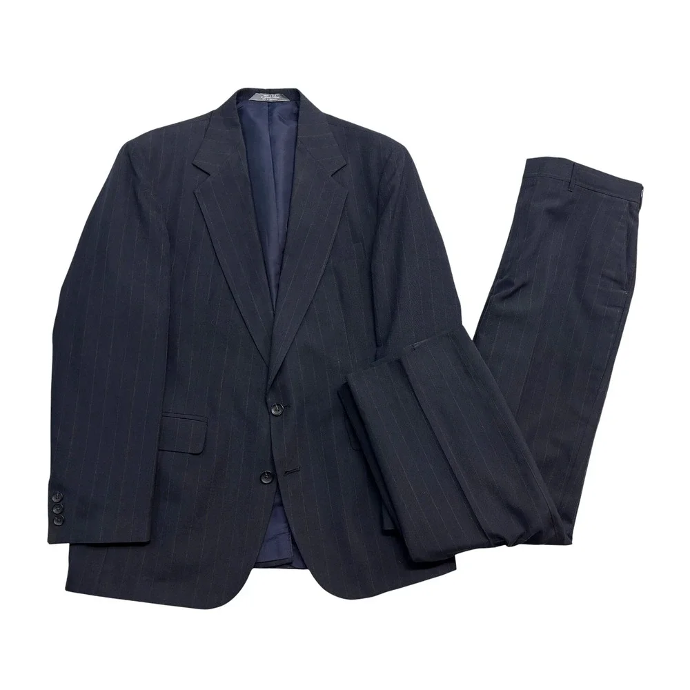 vtg 90s Haggar 40R 34x40 Navy Blue Stripe 2pc Pant Suit Flat Front USA Made